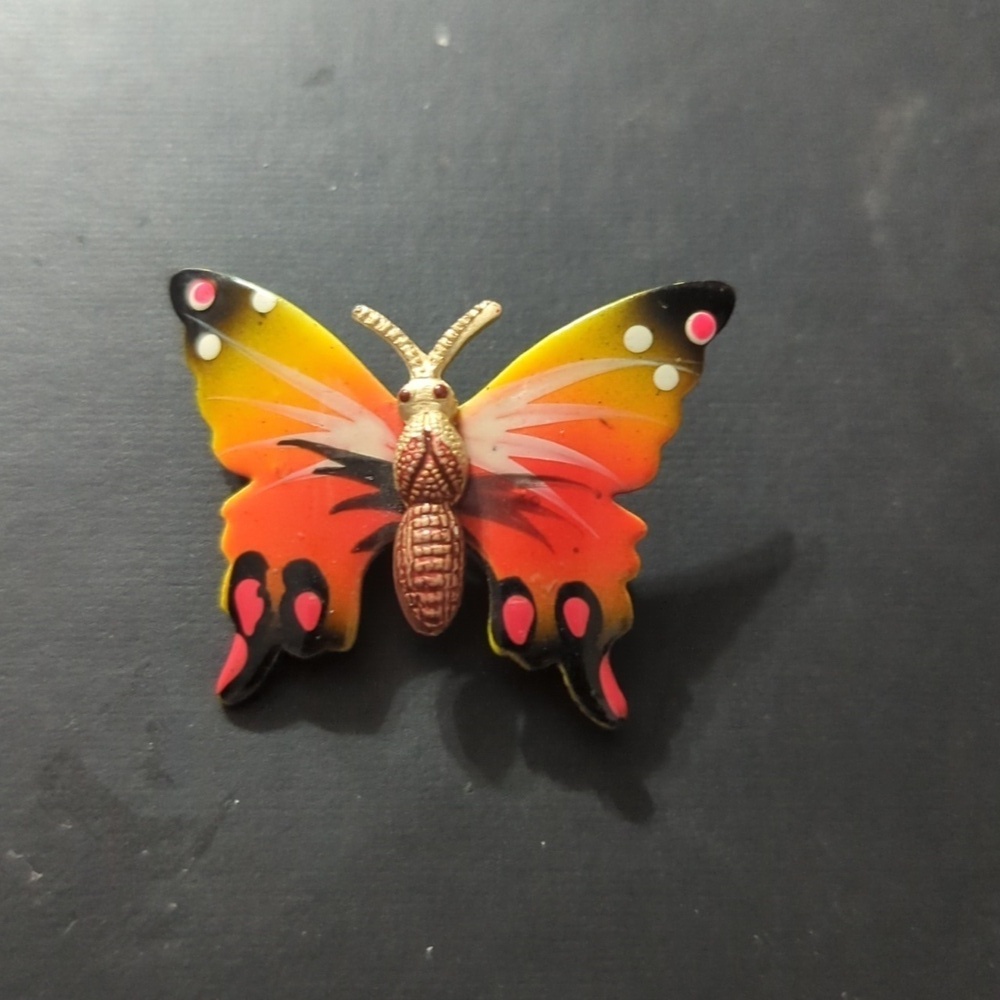 Red Yellow Orange Black Metal Butterfly Statement Brooch Pin